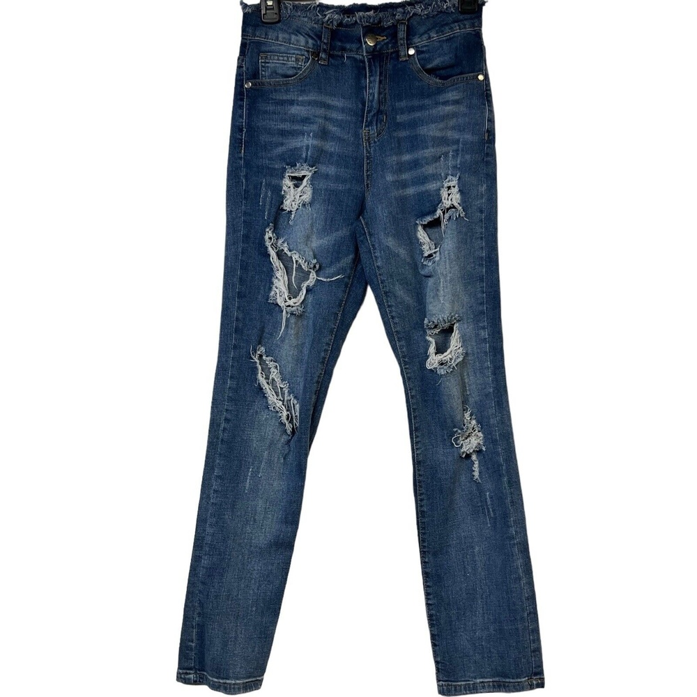 Between Us Jeans Size 3 Blue High Rise Distressed Ripped Fringe 90s Retro Boho - Picture 2 of 11